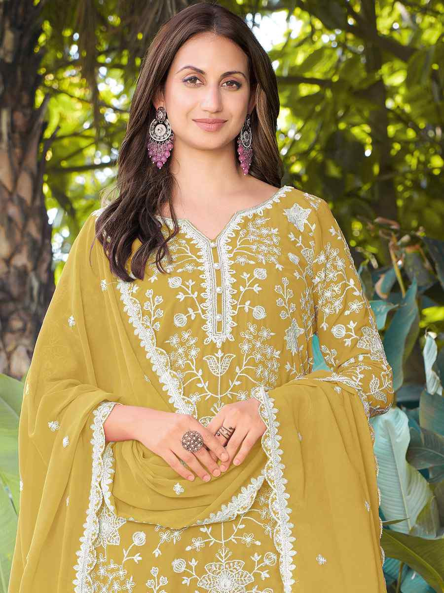 Yellow Real Premium Georgette Embroidery Party Wedding Festival Casual Ready Palazzo Pant Salwar Kameez