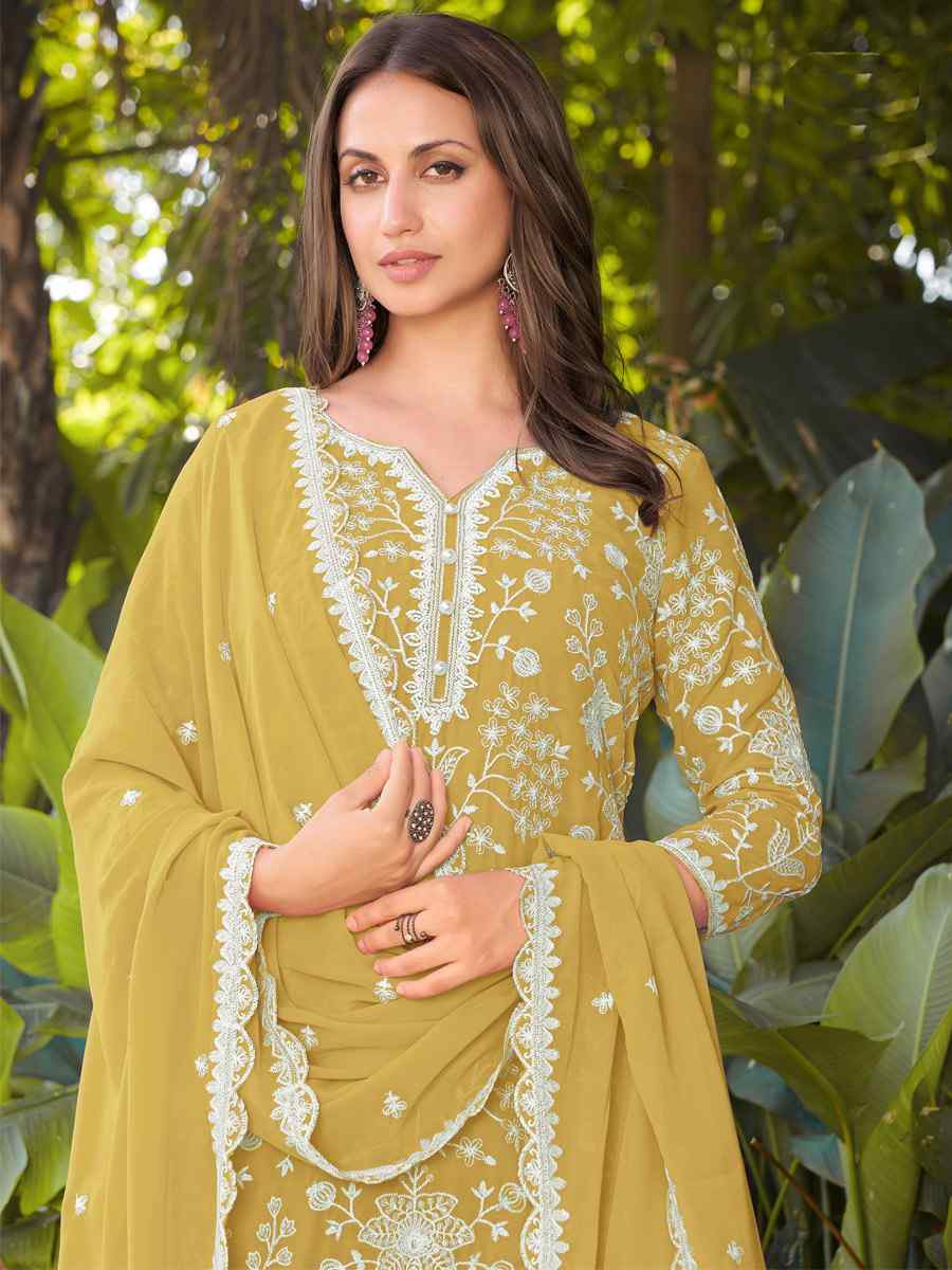 Yellow Real Premium Georgette Embroidery Party Wedding Festival Casual Ready Palazzo Pant Salwar Kameez