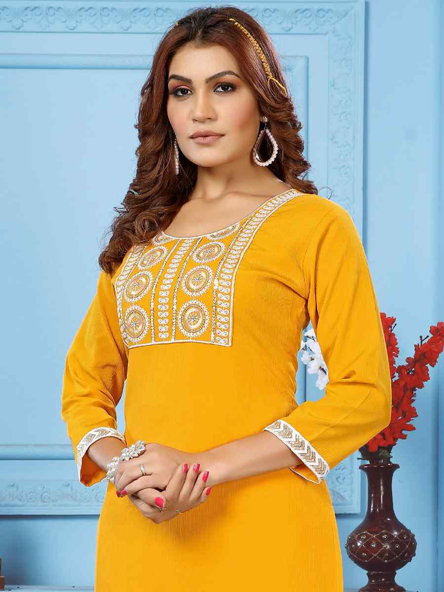 Yellow Rinkal Cotton Embroidered Festival Casual Kurti