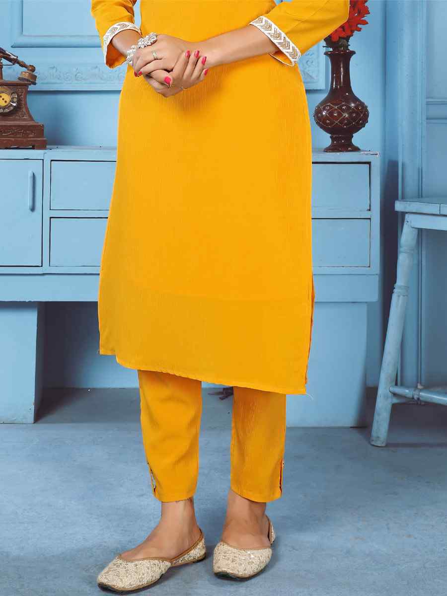 Yellow Rinkal Cotton Embroidered Festival Casual Kurti With Bottom