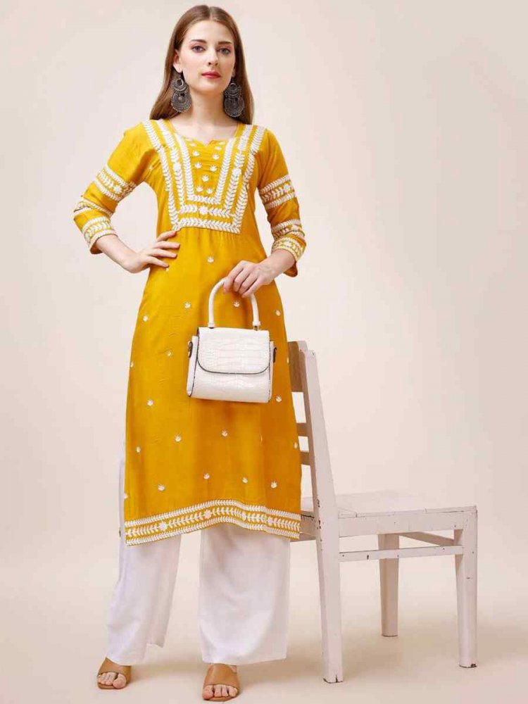 Yellow Riyon Cotton Embroidered Festival Casual Kurti