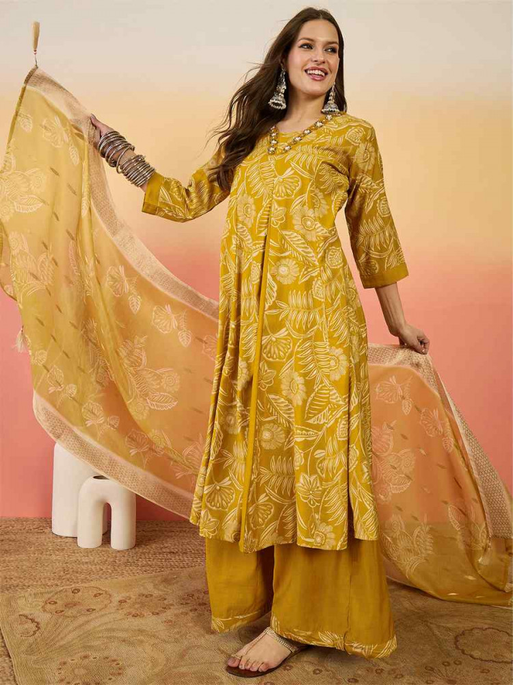 Yellow Roman Silk Embroidered Festival Casual Ready Palazzo Pant Salwar Kameez