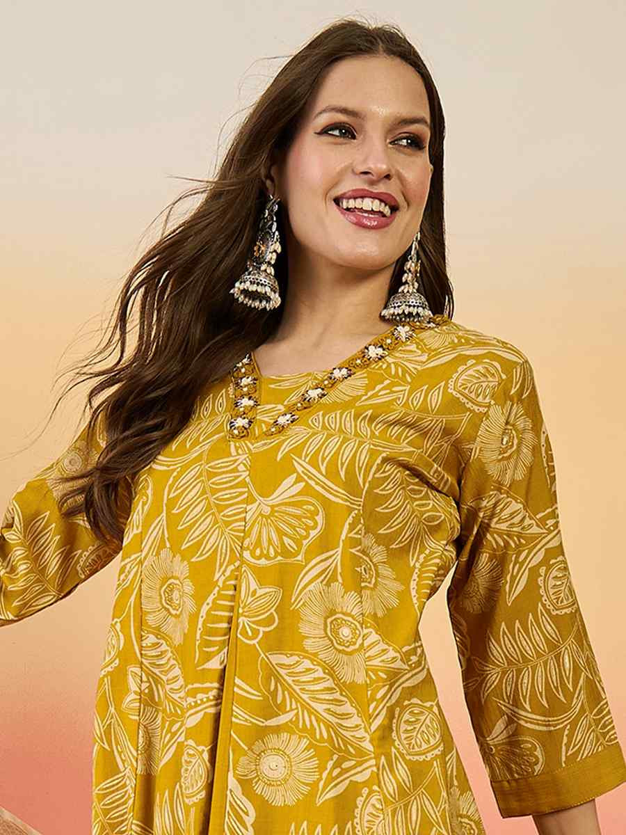 Yellow Roman Silk Embroidered Festival Casual Ready Palazzo Pant Salwar Kameez