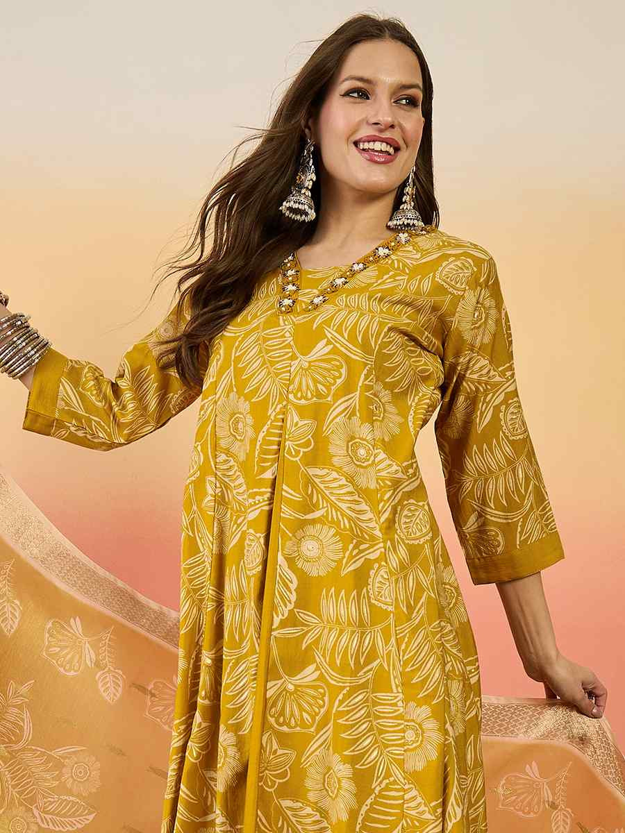 Yellow Roman Silk Embroidered Festival Casual Ready Palazzo Pant Salwar Kameez