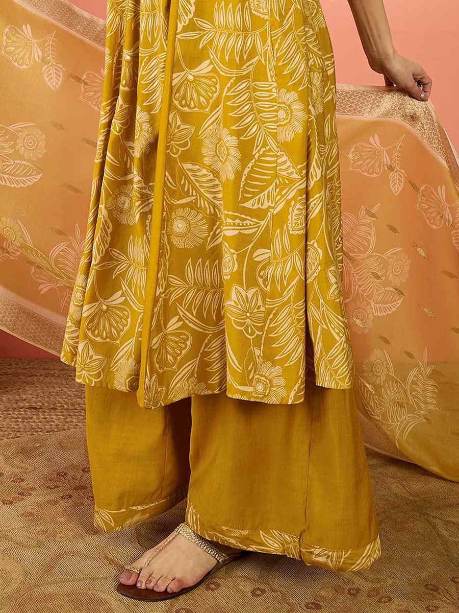 Yellow Roman Silk Embroidered Festival Casual Ready Palazzo Pant Salwar Kameez