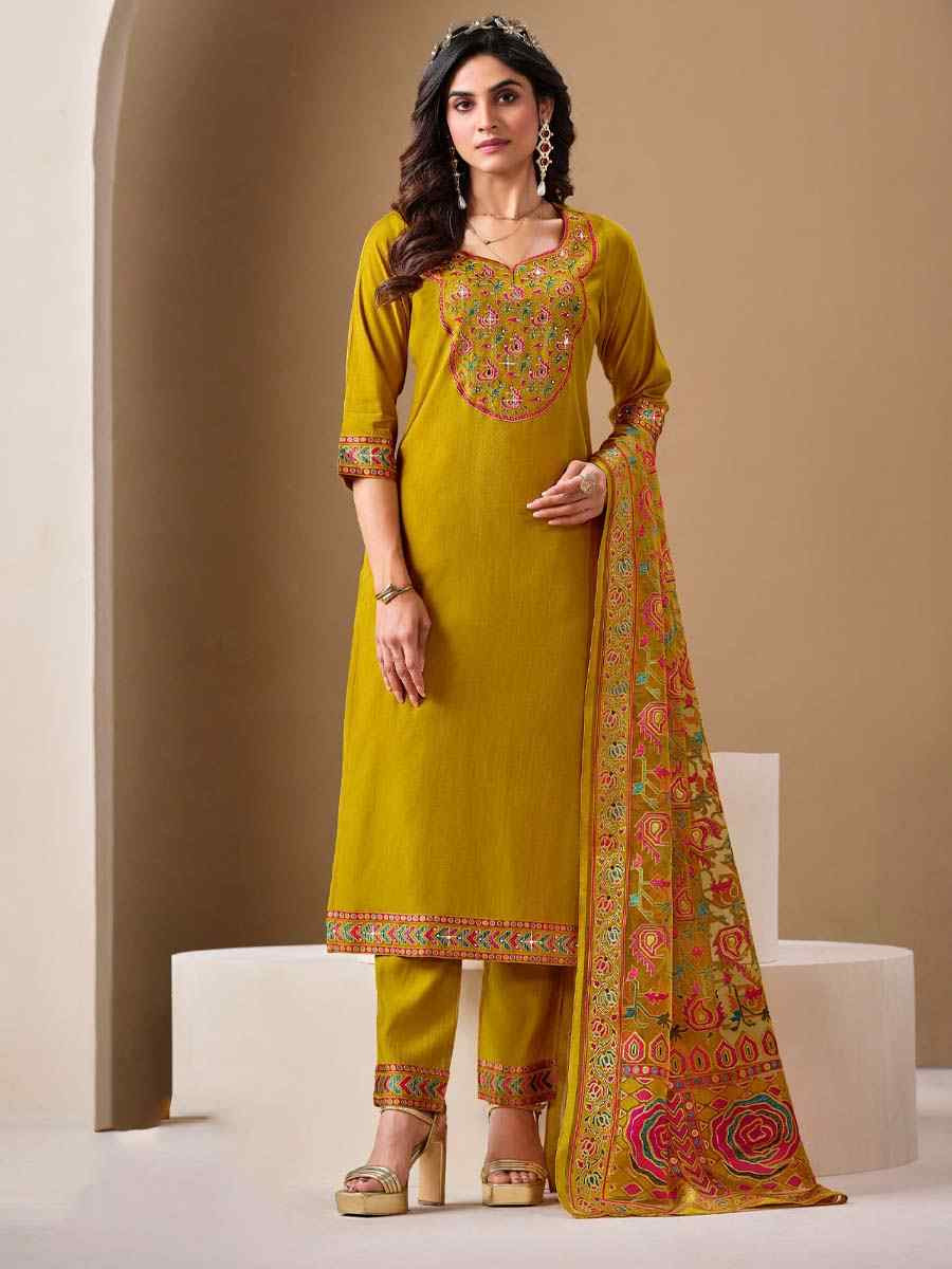 Yellow Roman Silk Embroidered Festival Mehendi Ready Pant Salwar Kameez