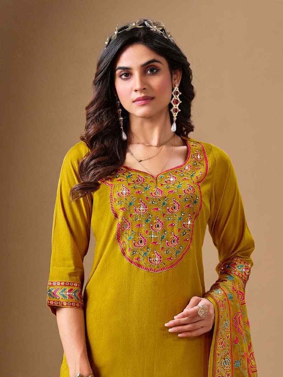 Yellow Roman Silk Embroidered Festival Mehendi Ready Pant Salwar Kameez