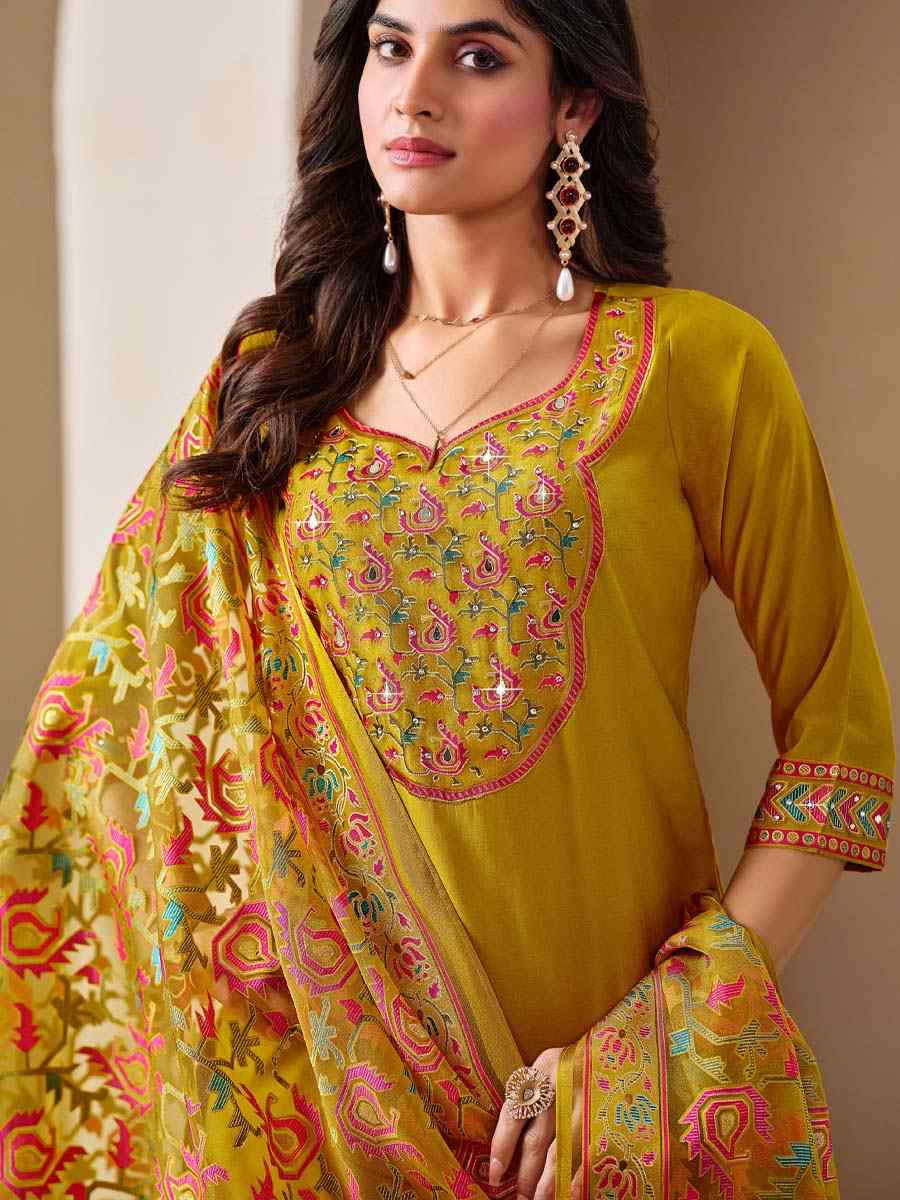 Yellow Roman Silk Embroidered Festival Mehendi Ready Pant Salwar Kameez