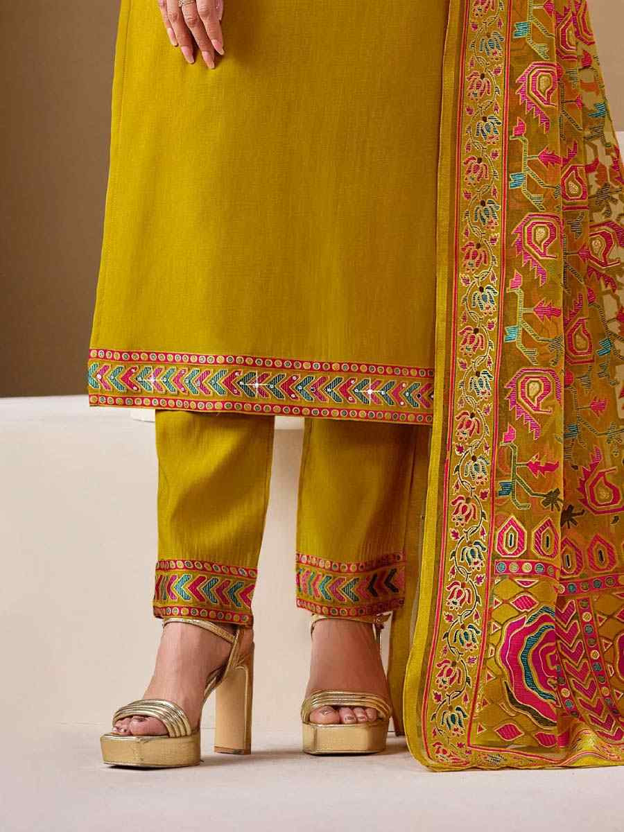 Yellow Roman Silk Embroidered Festival Mehendi Ready Pant Salwar Kameez