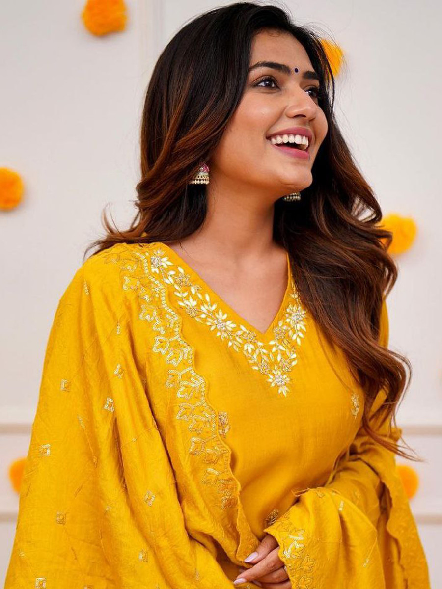 Yellow Roman Silk Embroidered Festival Mehendi Ready Pant Salwar Kameez