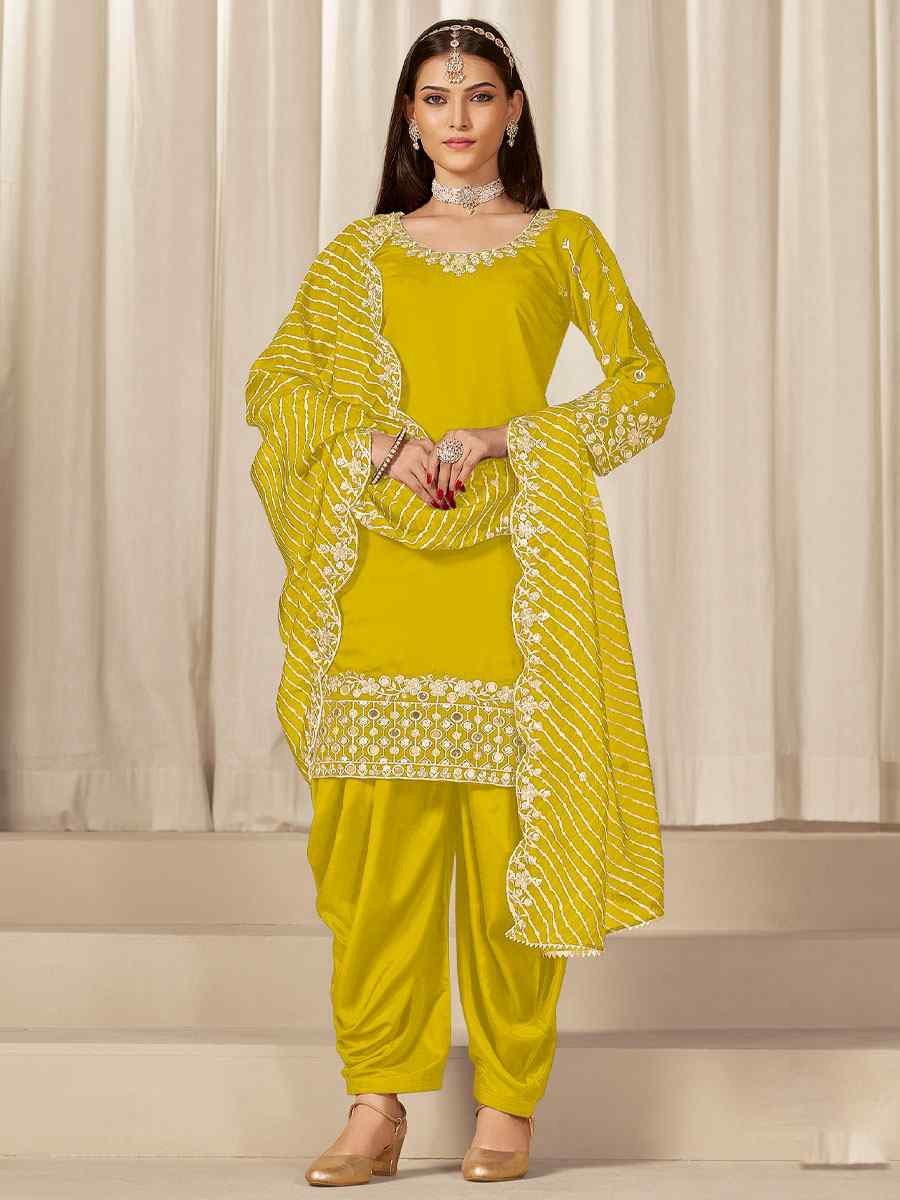 Yellow Roman Silk Embroidered Festival Wedding Patiala Salwar Kameez
