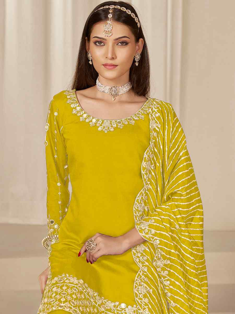 Yellow Roman Silk Embroidered Festival Wedding Patiala Salwar Kameez
