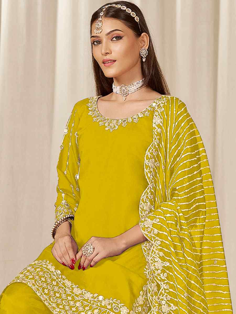 Yellow Roman Silk Embroidered Festival Wedding Patiala Salwar Kameez