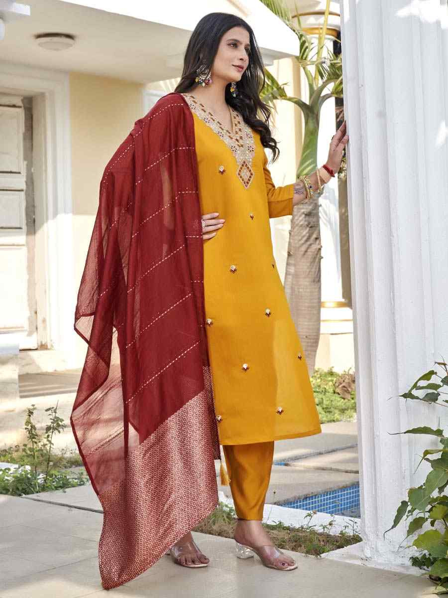 Yellow Roman Silk Embroidery Party Wedding Festival Casual Ready Pant Salwar Kameez