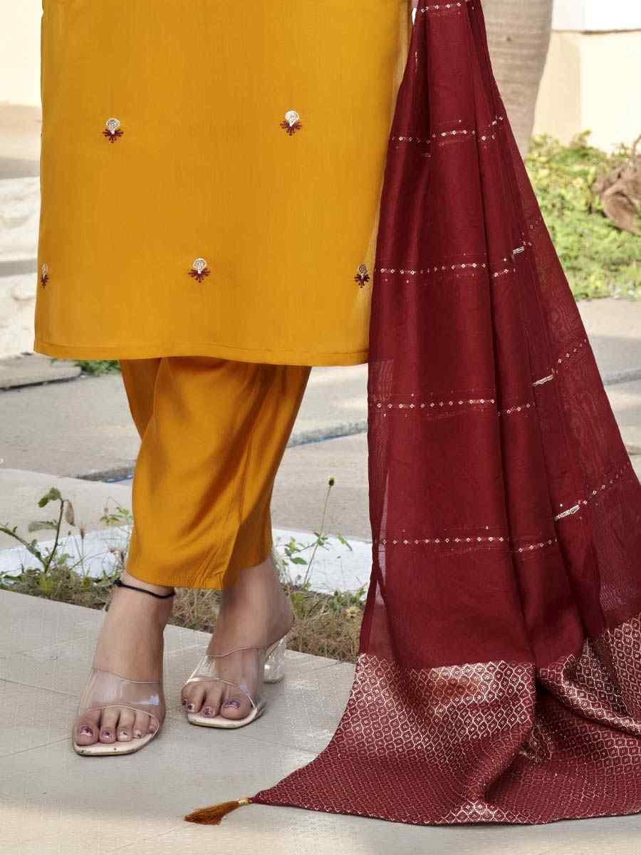 Yellow Roman Silk Embroidery Party Wedding Festival Casual Ready Pant Salwar Kameez
