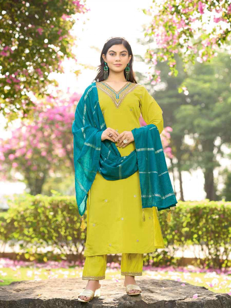 Image of Yellow Roman Silk Embroidery Party Wedding Festival Casual Ready Pant Salwar Kameez