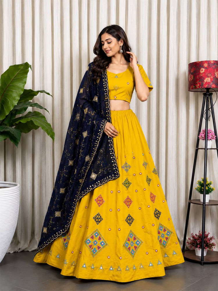 Image of Yellow Roman silk Embroidery Sequins Wedding Reception Festival Ready Heavy Border Lehenga Choli