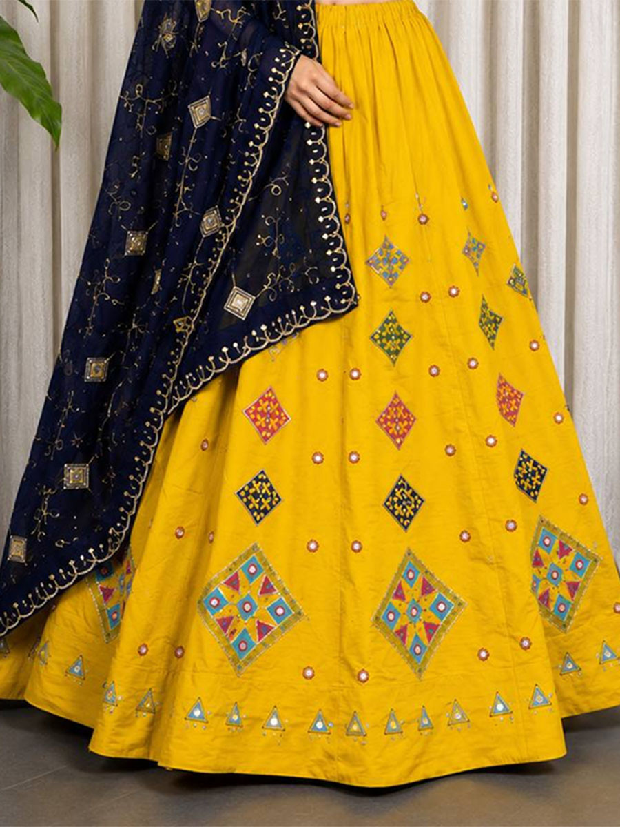 Yellow Roman silk Embroidery Sequins Wedding Reception Festival Ready Heavy Border Lehenga Choli