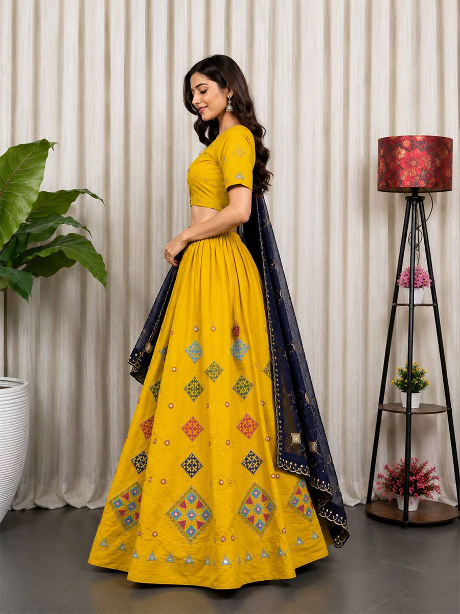 Yellow Roman silk Embroidery Sequins Wedding Reception Festival Ready Heavy Border Lehenga Choli