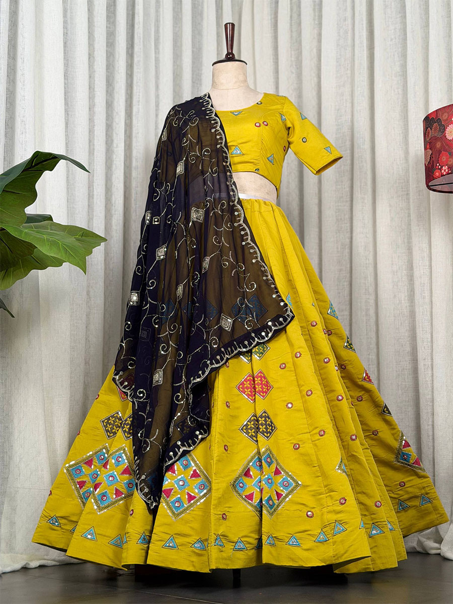 Yellow Roman silk Embroidery Sequins Wedding Reception Festival Ready Heavy Border Lehenga Choli