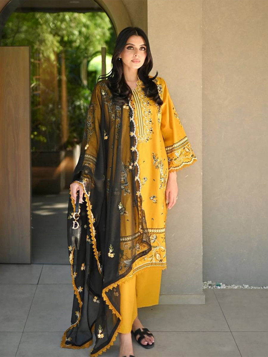 Yellow Roman Silk Embroidery Wedding Party Festival Casual Ready Palazzo Pant Salwar Kameez