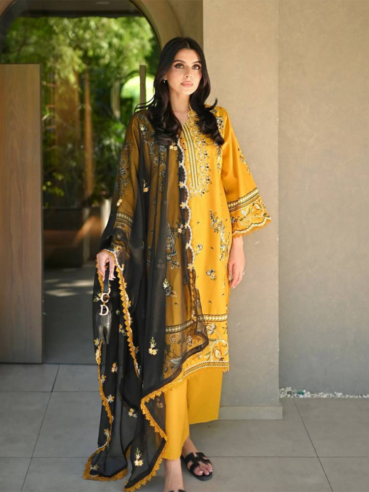 Image of Yellow Roman Silk Embroidery Wedding Party Festival Casual Ready Palazzo Pant Salwar Kameez