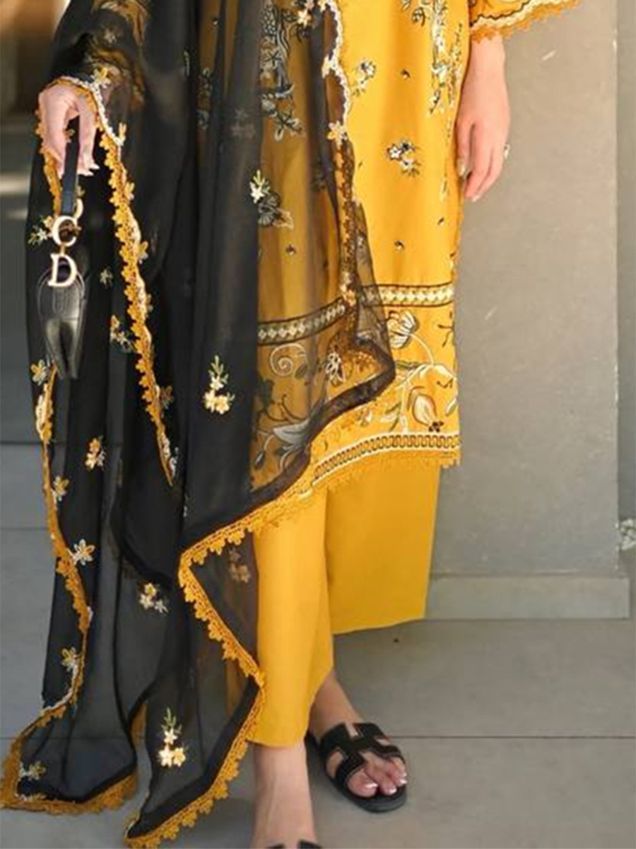 Yellow Roman Silk Embroidery Wedding Party Festival Casual Ready Palazzo Pant Salwar Kameez