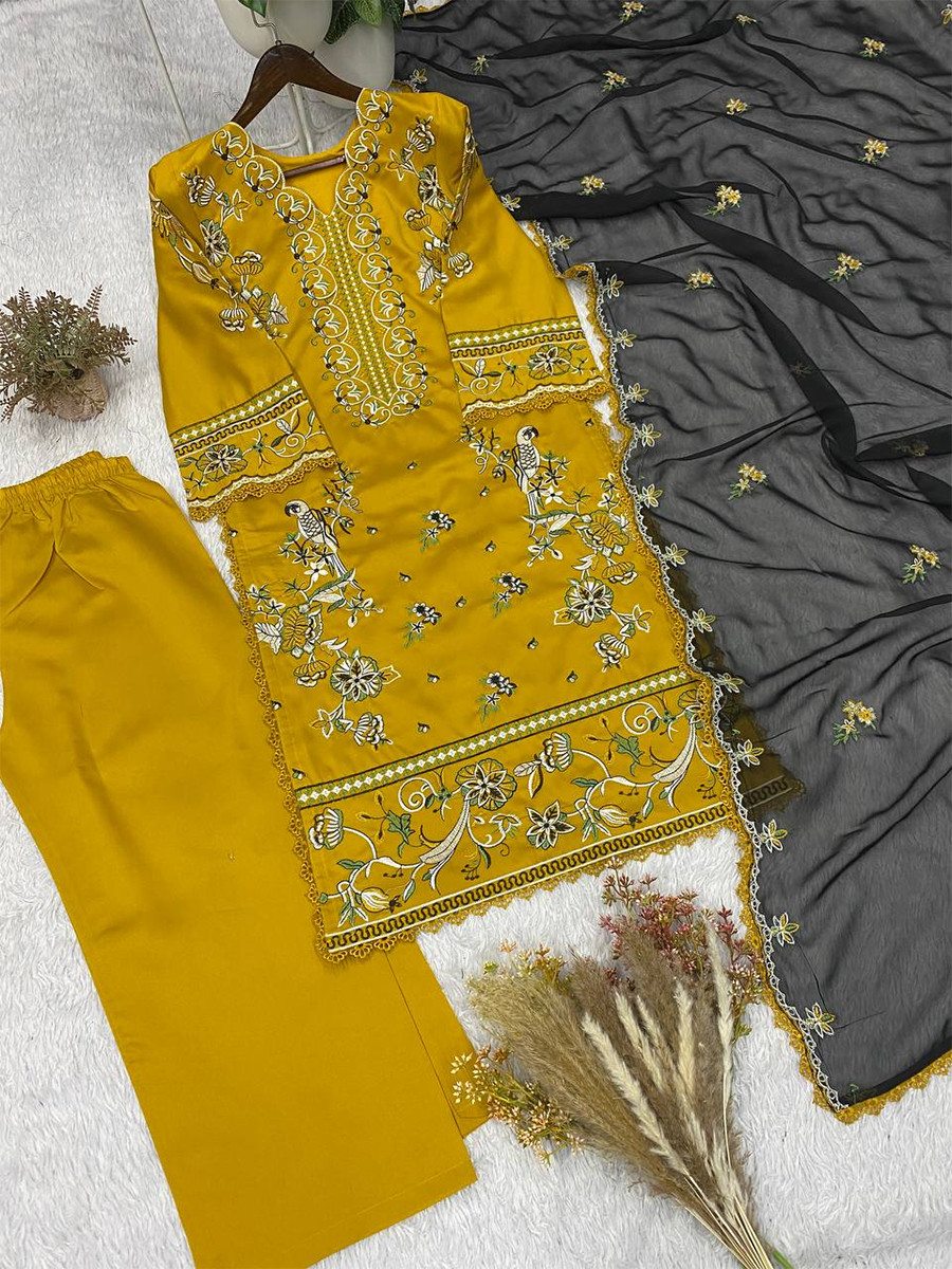 Yellow Roman Silk Embroidery Wedding Party Festival Casual Ready Palazzo Pant Salwar Kameez