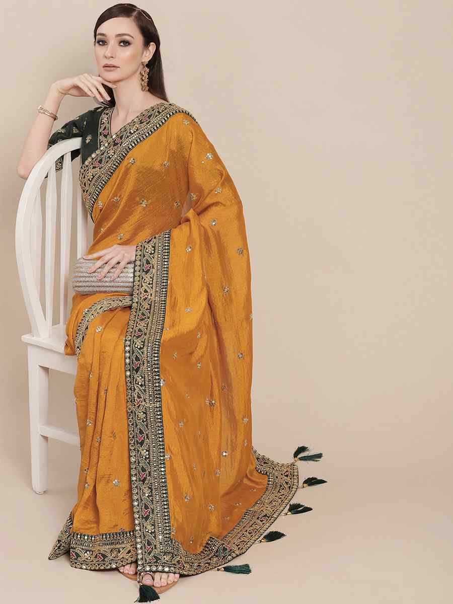 Yellow Royal Vichitra Silk Handwoven Wedding Festival Heavy Border Saree
