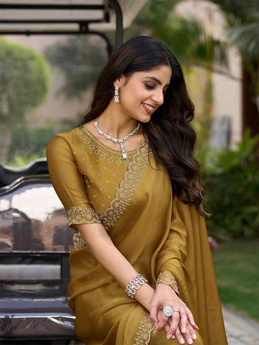 Yellow Satin Chiffon Embroidered Festival Wedding Fancy Heavy Border Saree