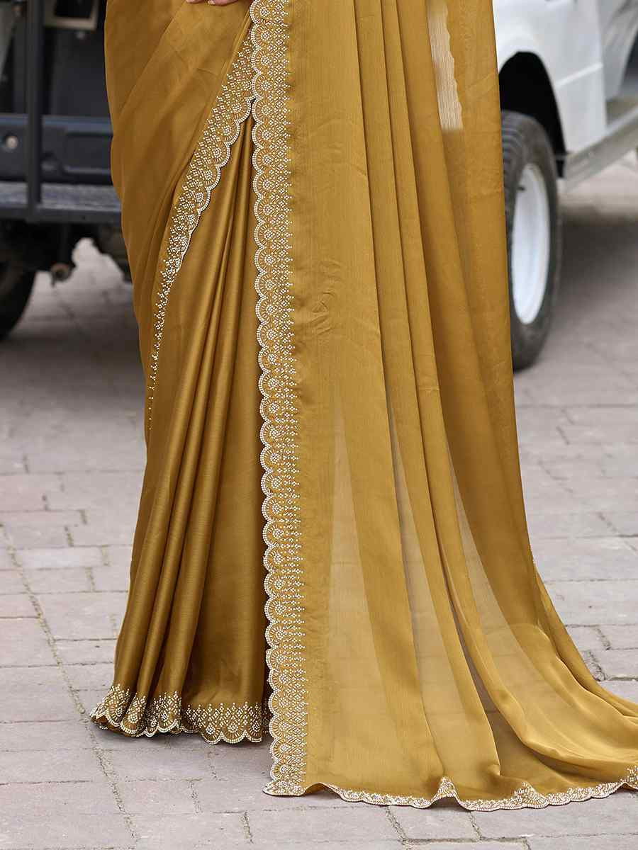Yellow Satin Chiffon Embroidered Festival Wedding Fancy Heavy Border Saree