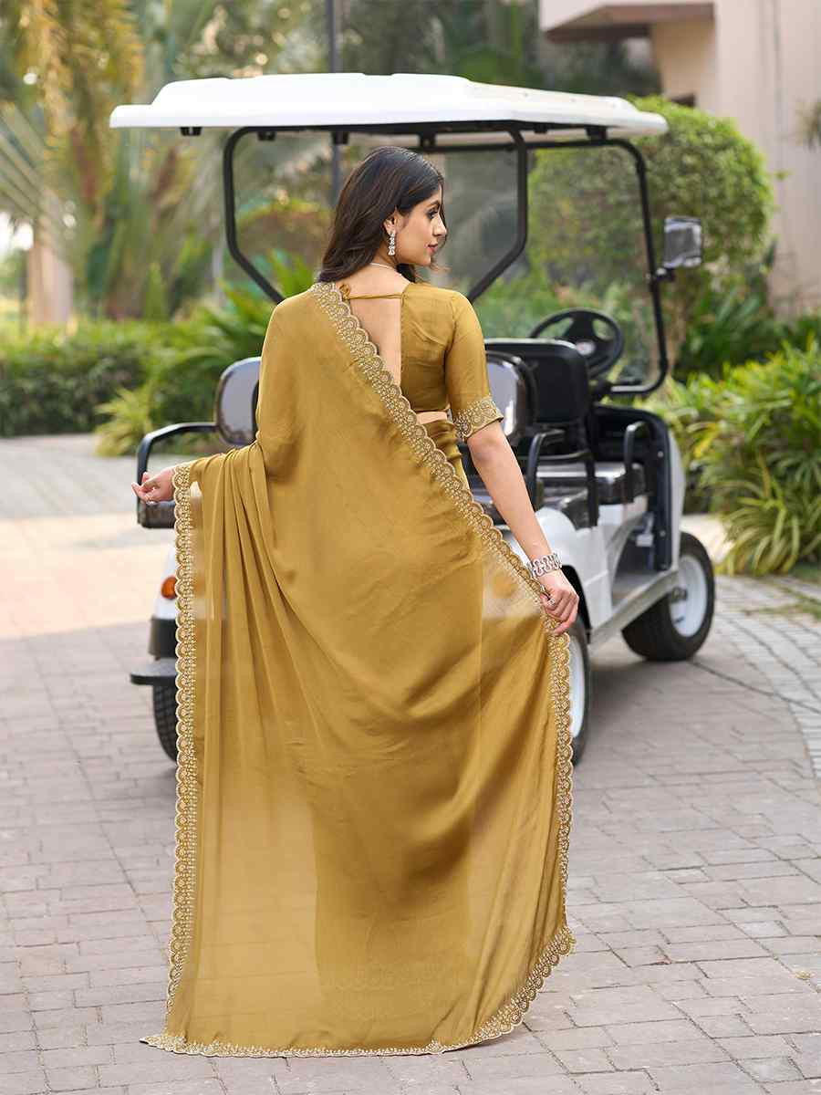 Yellow Satin Chiffon Embroidered Festival Wedding Fancy Heavy Border Saree