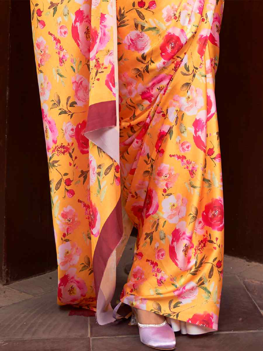 Yellow Satin Crepe Printed Party Festival Contemporary Saree