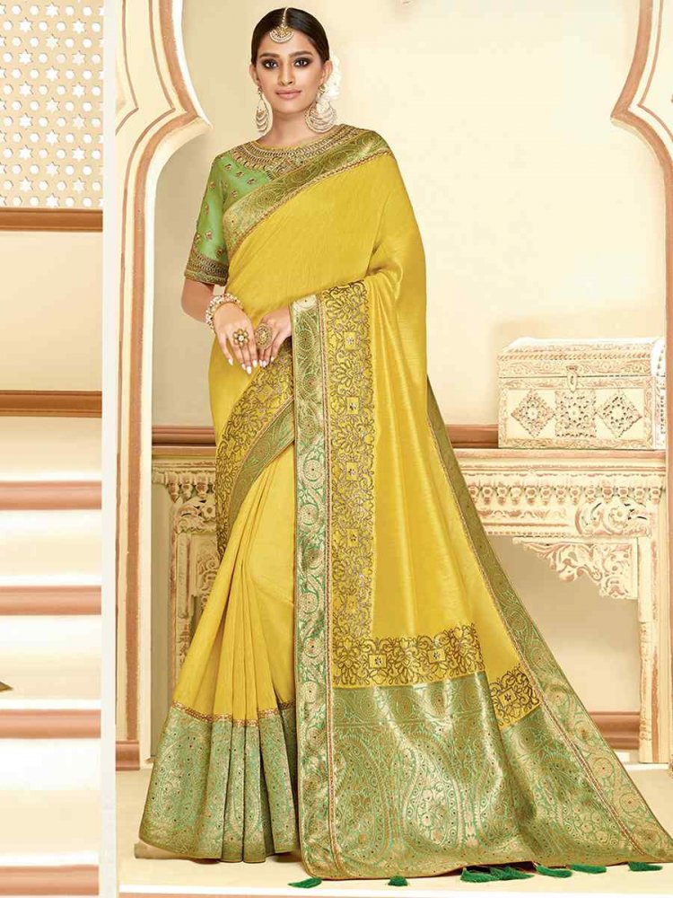 Yellow Satin Silk Embroidered Reception Wedding Heavy Border Saree