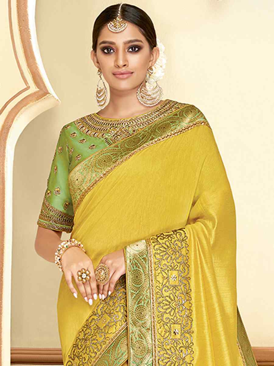 Yellow Satin Silk Embroidered Reception Wedding Heavy Border Saree