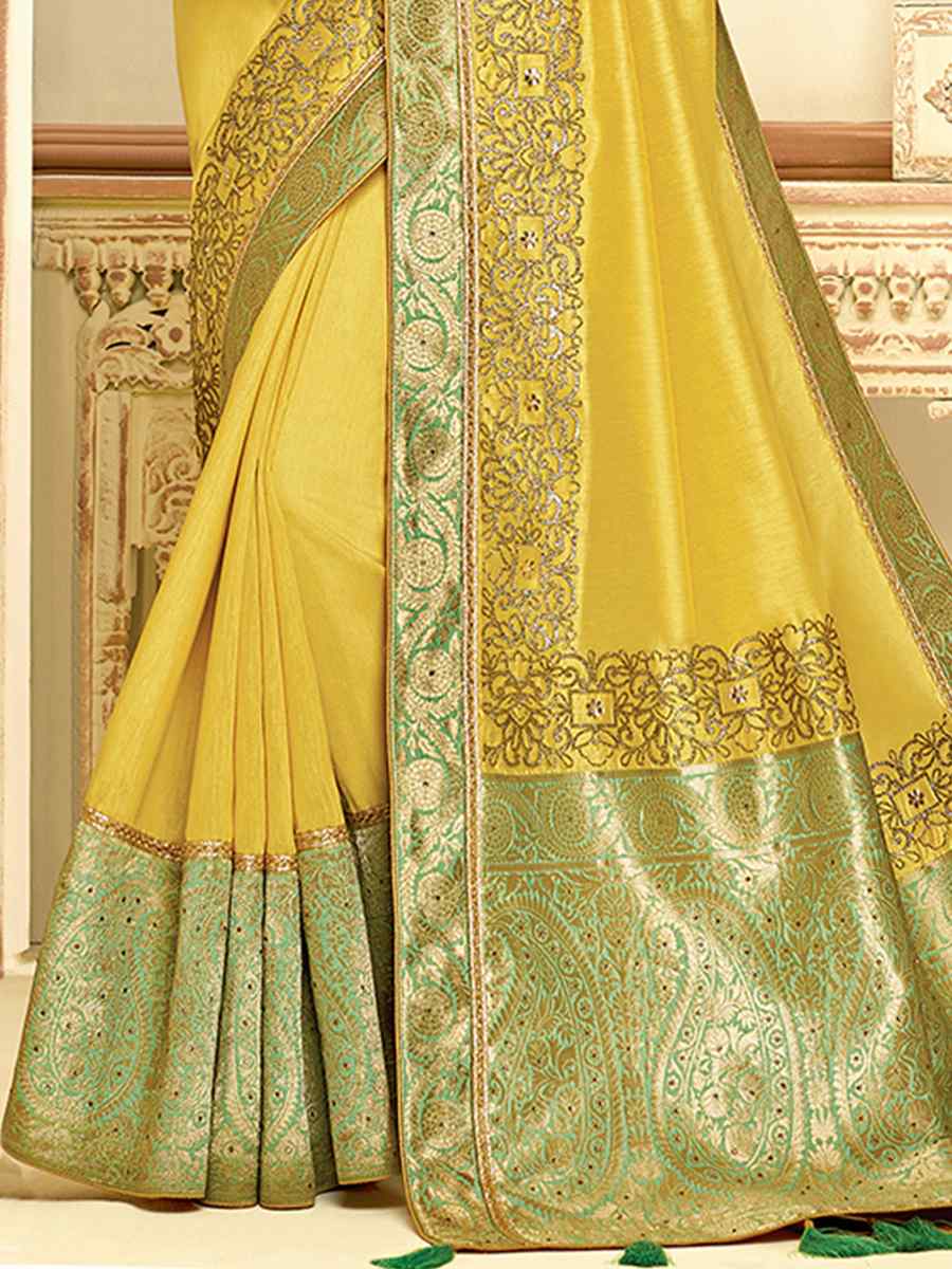 Yellow Satin Silk Embroidered Reception Wedding Heavy Border Saree