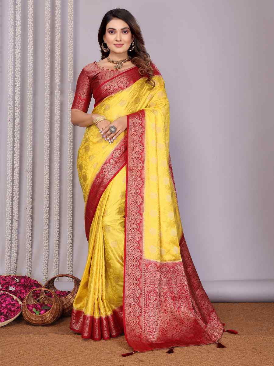 Yellow Satin Silk Handwoven Festival Wedding Fancy Heavy Border Saree