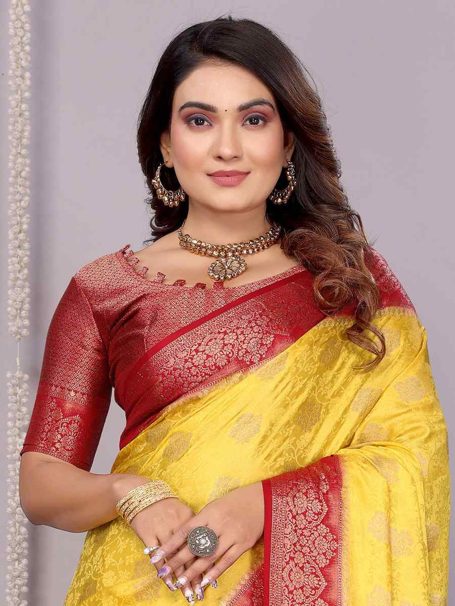 Yellow Satin Silk Handwoven Festival Wedding Fancy Heavy Border Saree