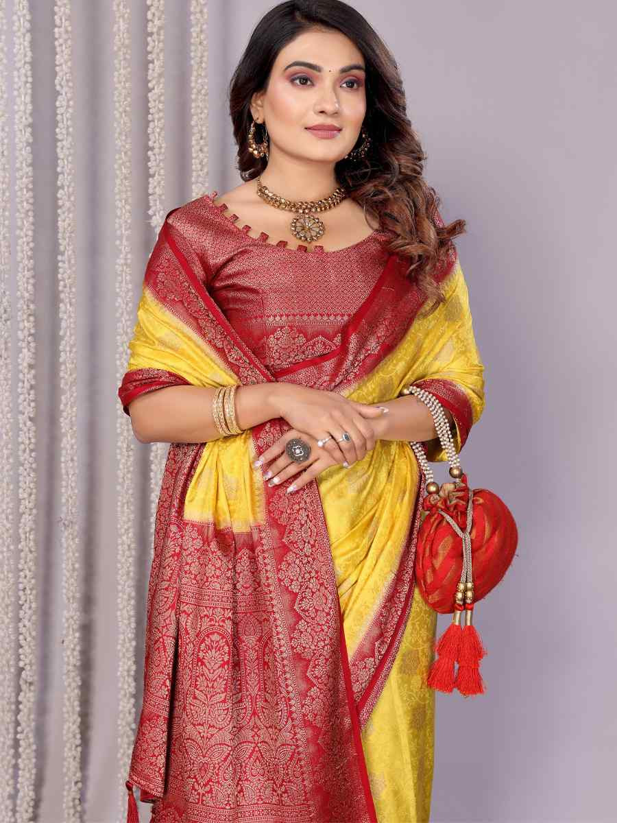 Yellow Satin Silk Handwoven Festival Wedding Fancy Heavy Border Saree