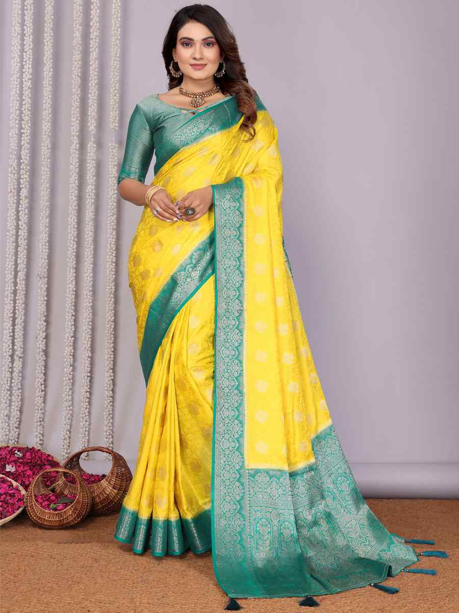 Yellow Satin Silk Handwoven Festival Wedding Fancy Heavy Border Saree