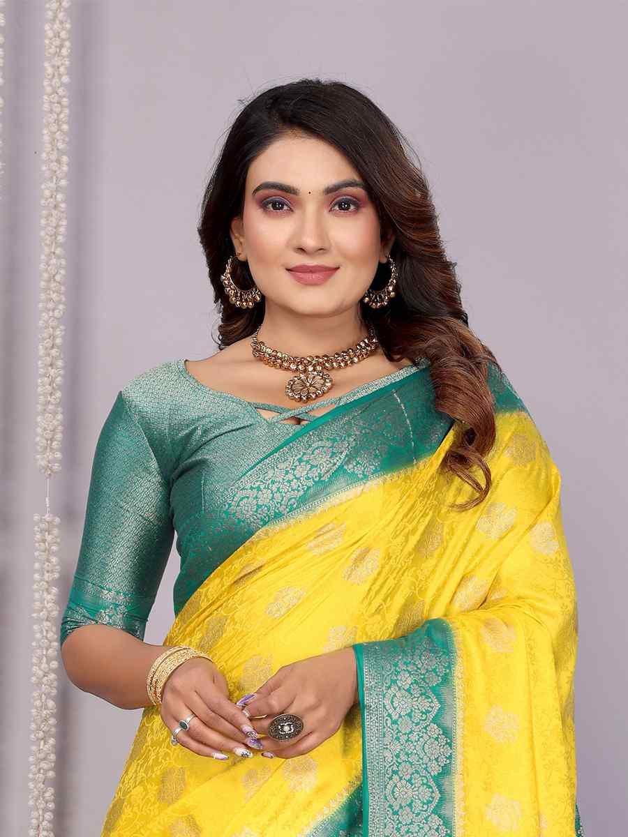 Yellow Satin Silk Handwoven Festival Wedding Fancy Heavy Border Saree