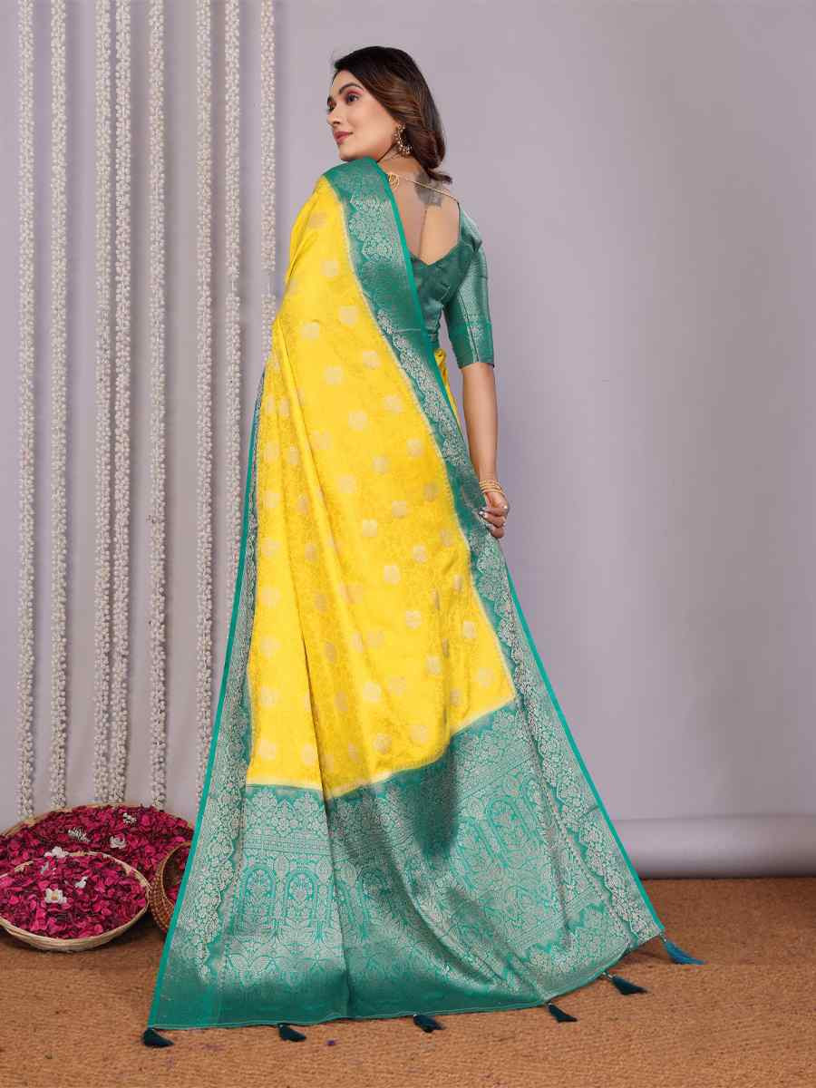 Yellow Satin Silk Handwoven Festival Wedding Fancy Heavy Border Saree