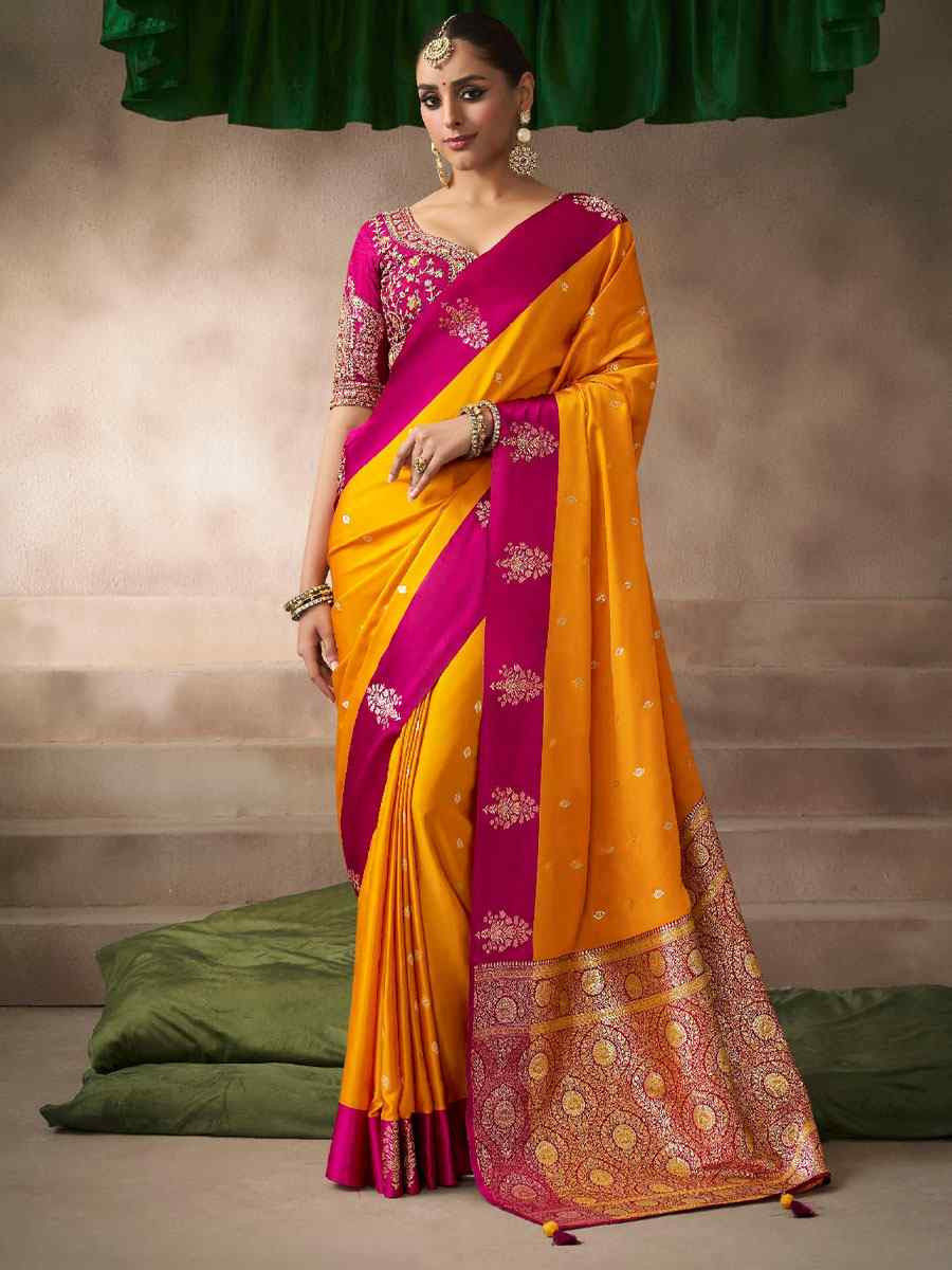 Yellow Satin Silk Handwoven Zari Work Traditional Bridal Reception Festival Wedding Fancy Heavy Border Saree