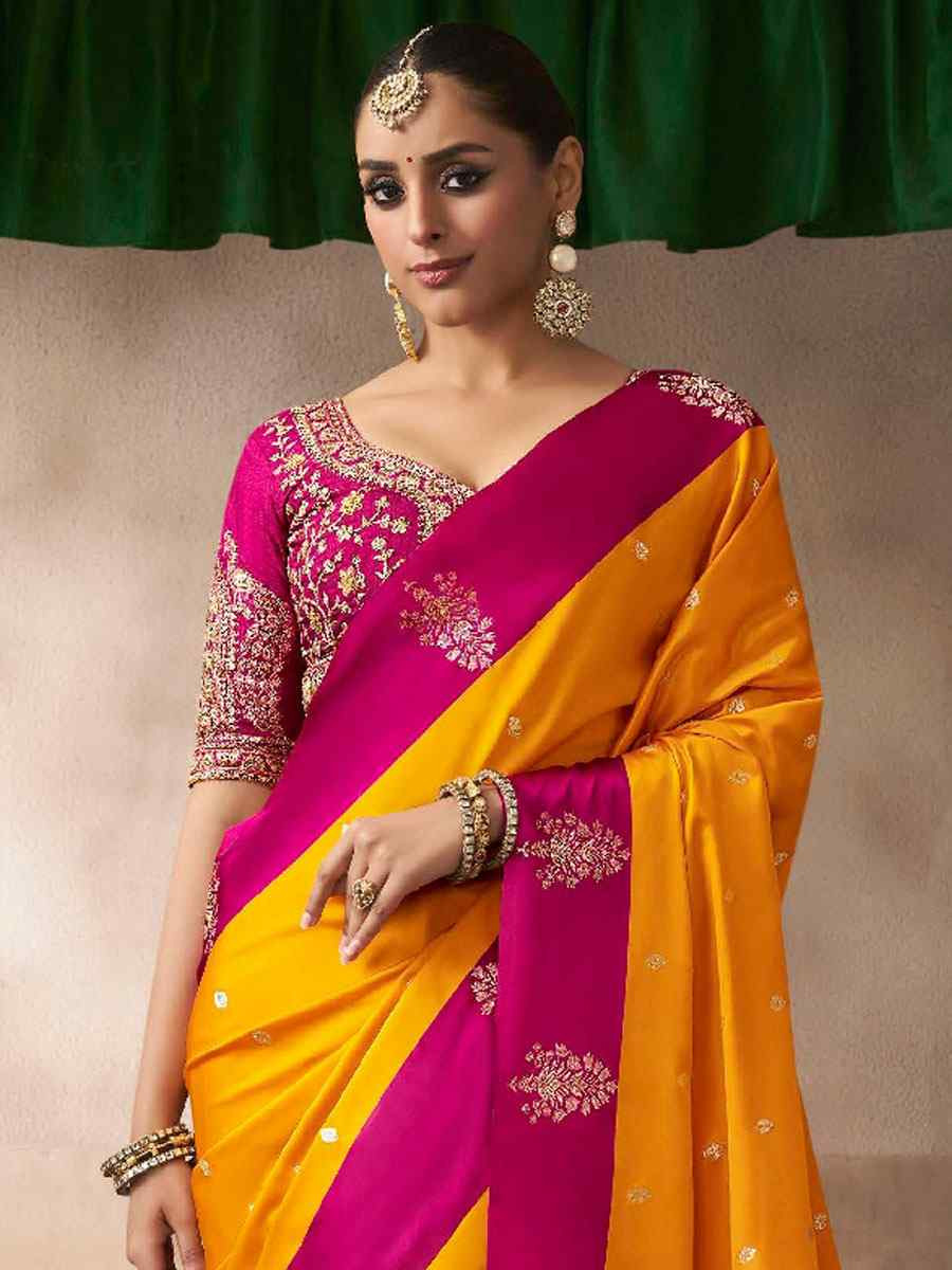 Yellow Satin Silk Handwoven Zari Work Traditional Bridal Reception Festival Wedding Fancy Heavy Border Saree