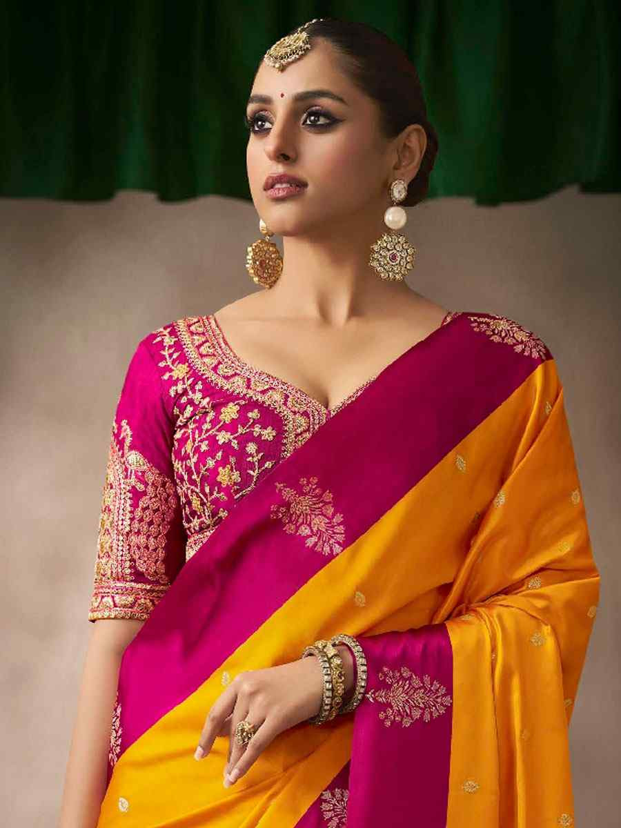 Yellow Satin Silk Handwoven Zari Work Traditional Bridal Reception Festival Wedding Fancy Heavy Border Saree