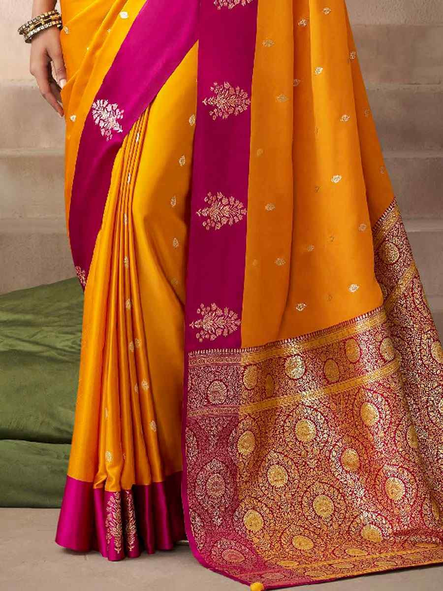 Yellow Satin Silk Handwoven Zari Work Traditional Bridal Reception Festival Wedding Fancy Heavy Border Saree