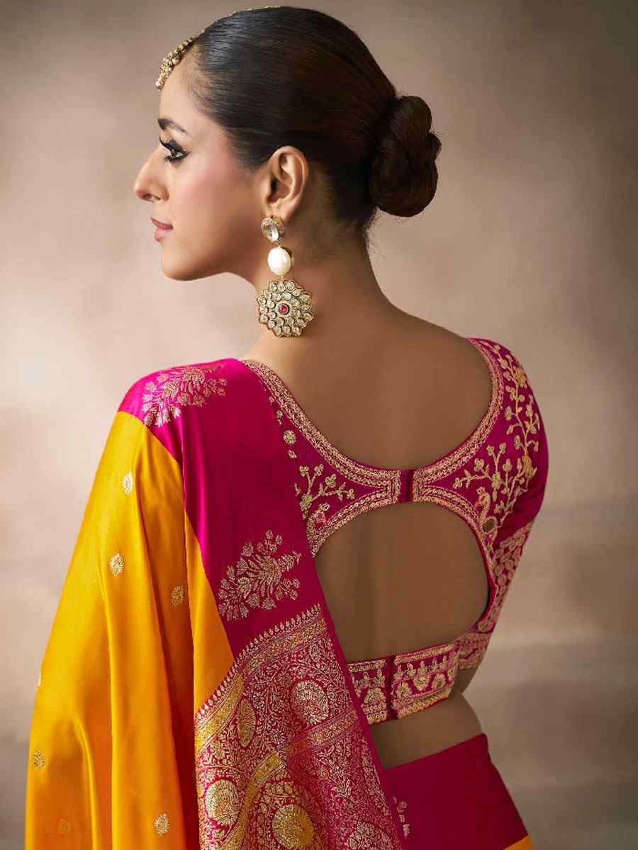 Yellow Satin Silk Handwoven Zari Work Traditional Bridal Reception Festival Wedding Fancy Heavy Border Saree