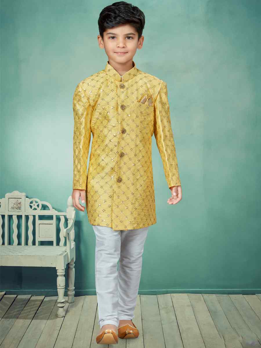 Yellow Settelite Silk Embroidered Party Festival Kurta Pyjama Boys Wear