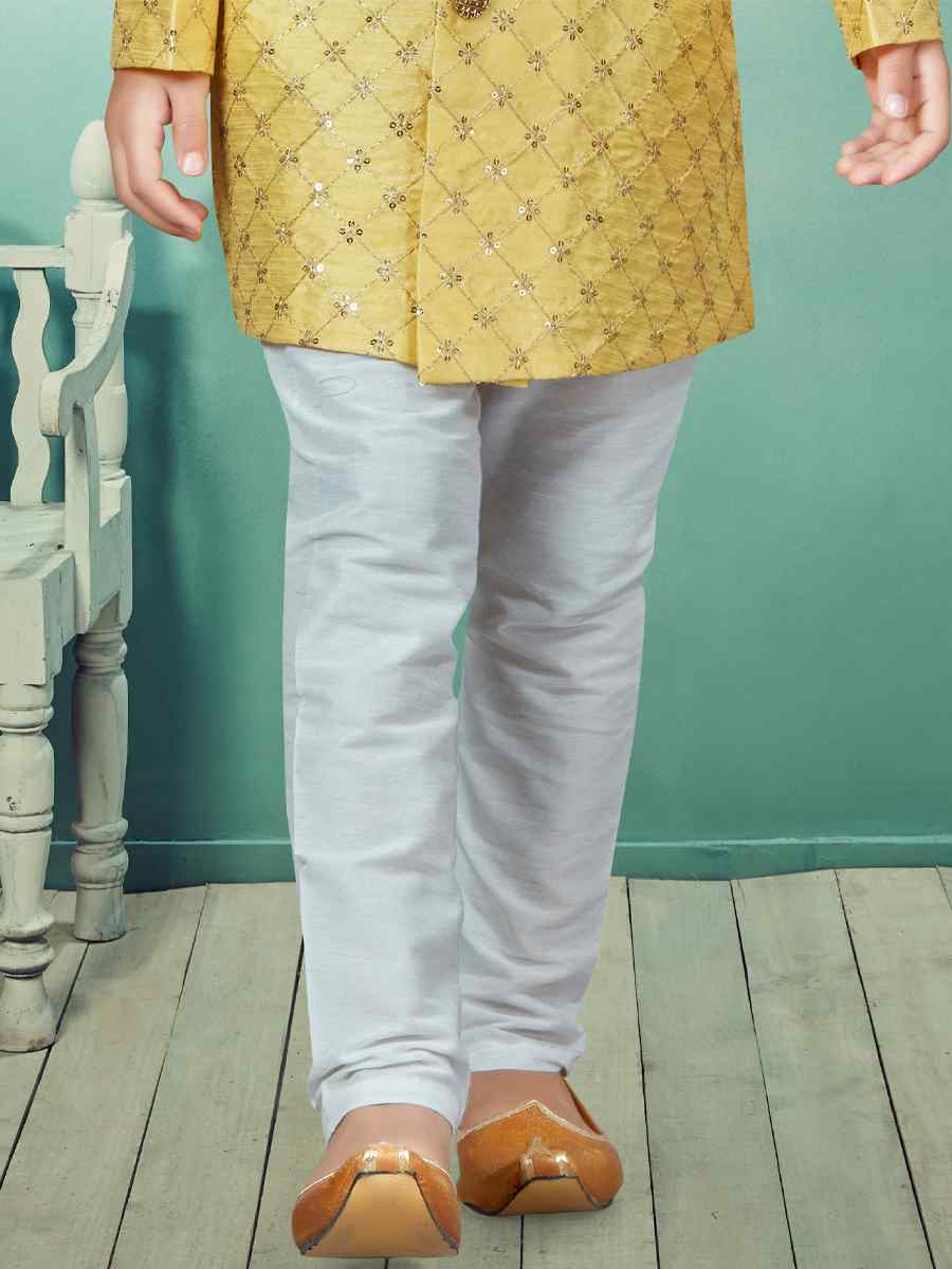 Yellow Settelite Silk Embroidered Party Festival Kurta Pyjama Boys Wear