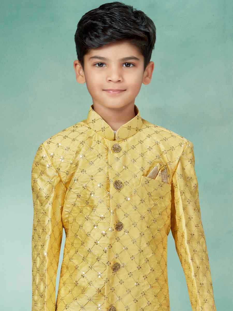 Yellow Settelite Silk Embroidered Party Festival Kurta Pyjama Boys Wear